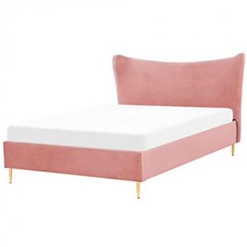 Elegantes Polsterbett Pfirsichrosa 140 x 200 cm mit goldenen Metallbeinen und hohem Kopfteil