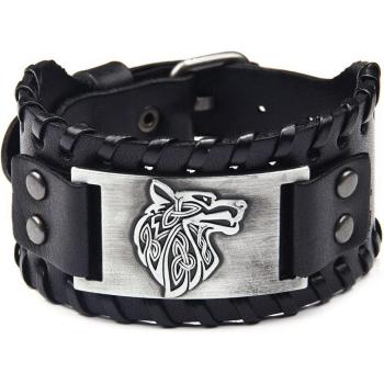 Wide Leather Viking Wolf Head Bracelet for Men