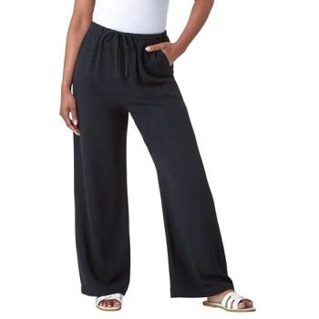 Roman Women's Petite Linen Blend Wide-Leg Trousers – Size 14, Black Edition