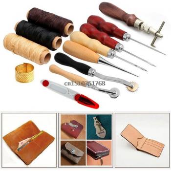 Complete Leather Sewing Tools Kit 14 pcs with Awl, Waxed Thread, Thimble, and Scissors