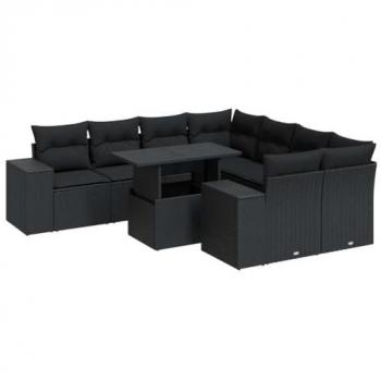 9-Piece Outdoor Sofa Set with Cushions in Black Poly Rattan