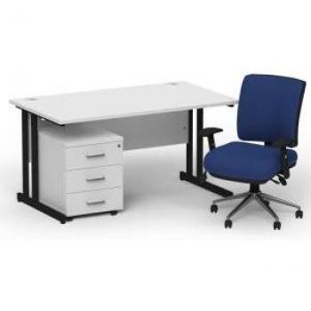 Impulse 1400mm White Top Cantilever Desk, Black Legs, Mobile Pedestal & Blue Operator Chair