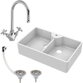 Fireclay 895mm Double Bowl Butler Sink with Overflow, Tap & Waste