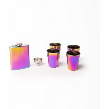 5pc Set: BarCraft Metallic-Effect Shot Glasses and Stainless Steel Hip Flask with Included Funnel