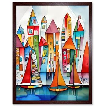 Harbor Hues: Modern Marina Folk Watercolour Wall Art – 12x16