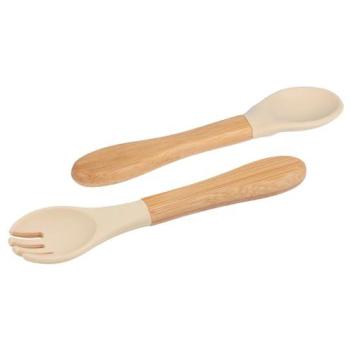 WeanWise Bamboo Baby Fork & Spoon Set – Soft Silicone Tips, Beige