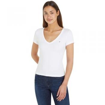 T-Shirt TOMMY JEANS TJW SLIM ESSENTIAL RIB V SS, Damen, Gr. M (38), weiß, Rippware
