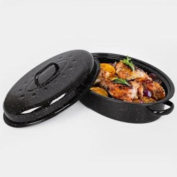 Self-Basting Enamel Roasting Tin with Lid – VonShef, Black Color