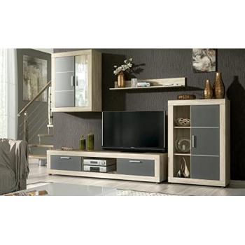 Ensemble salon complet : TV, étagère murale, vitrine LED et buffet chêne cambrian – PEGANE