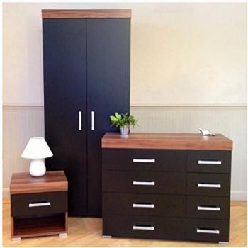 DRP Trading Rustic Dark Wood Bedroom Ensemble (Wardrobe + Chest + Nightstand)
