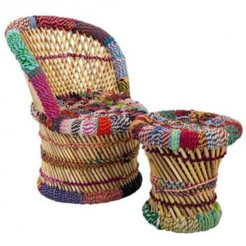 Set sillón y taburete niño bambú y cuerda de colores