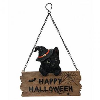 Halloween Dekofigur Schwarzes Kätzchen mit Schild
