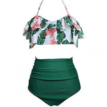 Amenxi Maillot de Bain Femme Taille Haute Volants Bikini Set 2 Pièces Dames Plus La Taille Beachwear (Uni Bas Noir, EU 42-44 (L))