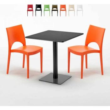Tavolino e Sedie Colorate: Nero Quadrato 70x70 cm con 2 Poltrone Arancioni