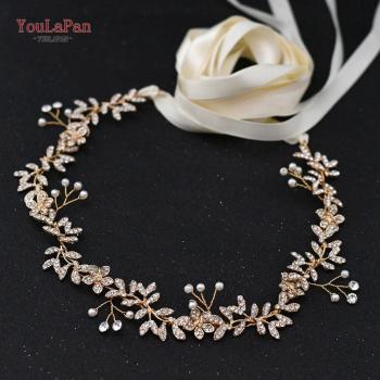 Cinturón Elegante de Boda YouLaPan, Dorado con Perlas y Florales