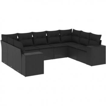 Garden Lounge Set – 9-Item Black Poly Rattan with Cushions