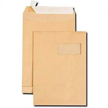 Boîte de 50 sacs à soufflets kraft C4 229x324 120 g/m² avec fenêtre 100x50 et bande de protection