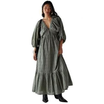 Warehouse Petite Broderie Plunge Neck Smock Dress in Khaki, Size 6
