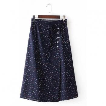 Falda Midi Bohemia de Cintura Alta, Negra Polka Dot, Abotonada Coreana
