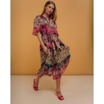 Vestido Midi Camisero Bordado Floral con Cinturón y Lazada