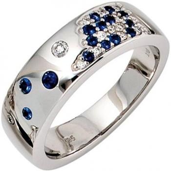 JOBO Schmuckring für Damen – 585 Goldweiß, 13 Brillanten & 15 blauer Safire, 0,10 ct, Ø 50