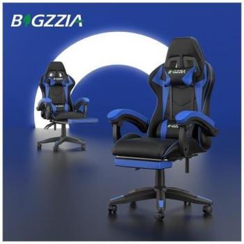 Bigzzia Gaming Chair Blu – Schienale 90-155°, Cuscino Lombare e Poggiapiedi Telescopico