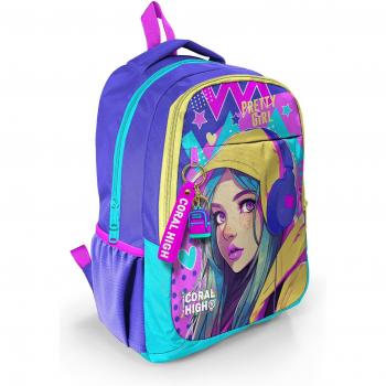 Coral High Kinderrugzak met Drie Vakken en Oortjes in Turquoise-Lavendel 23661