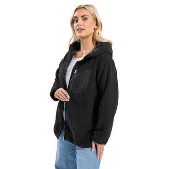 Yours Curve Veste Tissu Nylon Noire à Capuchon et Poche Fleece