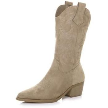 AJVANI Women’s Embroidered Cowboy Pull-On Boots, Low Cuban Heel, Beige 8