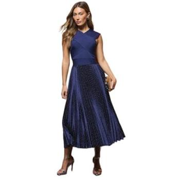 Blue Knotless Knit Pleated Midi Dress, Hotfix Bodice