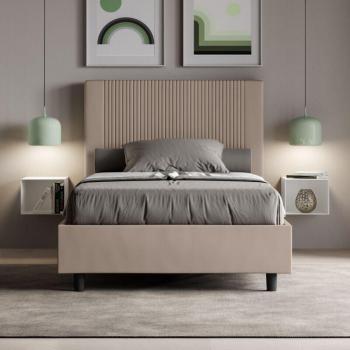 Lit moderne 140×190 cm Ityhome – Tête de lit rayures verticales, matelassé simili cuir café, option Bazen avec sommier et coffre