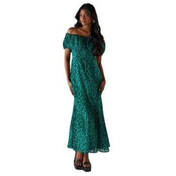 Womens Green Bardot Godet Midi Dress