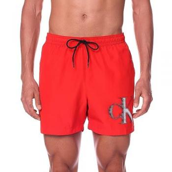 Calvin Klein Swimwear M – Rote Badehose, Mid-Taille, Monogramm, Klettverschluss