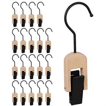 Metal & Wood Laundry Clip Hooks, 30-Piece Set, Rubberized Clips, Black/Natural