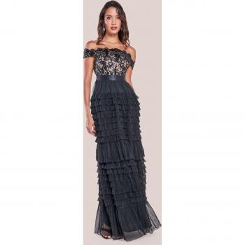 Scallop Bardot Ruffle Mesh Maxi