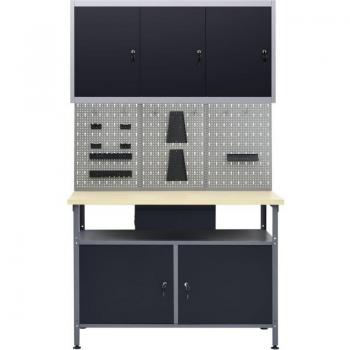 Etabli gris noir avec armoire et panneaux de rangement