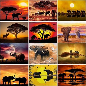 5D-Diamantbild, Afrikanischer Grasland-Elefant, Sonnenuntergangs-Szene