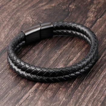 Punk Style Black Leather Bracelet with Stainless Steel Magnetic Clasp