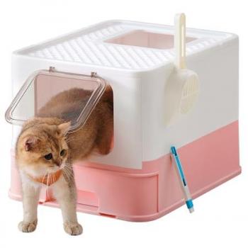 Bac à litière fermant‑tout « Charmante Maison » 15 kg, Blanc & Rose Bonbon