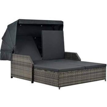 Personen-Sonnenliege aus Poly Rattan mit Sonnendach in Grau