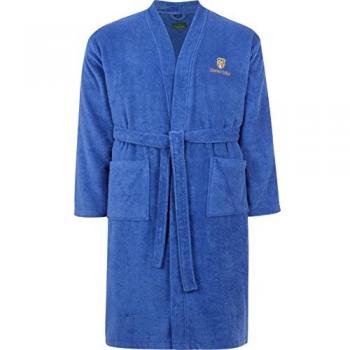 Royalblauer Herren Bademantel LORD CURET aus Baumwolle mit Kimono-Kragen und Gürtel