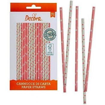 Set di 80 cannucce decorative in carta biodegradabile con motivi stelle e pois rosa KB2B1