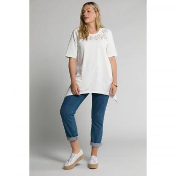 T-shirt svasata in cotone con pizzo Sangallo, beige, taglia 48/50