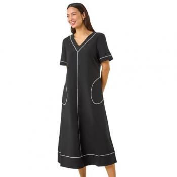 Robe Roman Roman Noire à Détails de Couture Contrastés