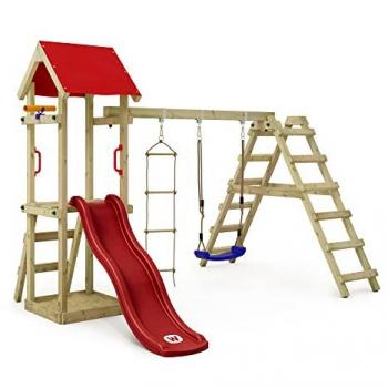 Aire de jeux en bois avec balançoire et toboggan rouge TinyLoft