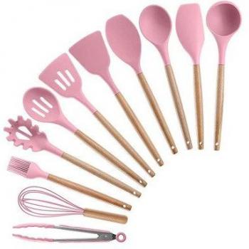 11-Piece Silicone Kitchen Utensil Set in Light Green with Wooden Handles
