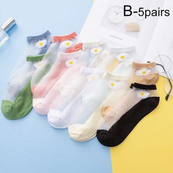 Calcetines para mujeres, 5 pares/lote, verano, transparentes, informales, finos, cortos, de encaje y seda, diseño floral Daisy