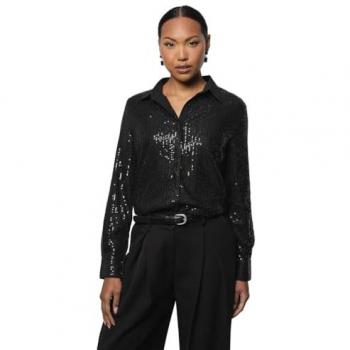 Elegant Black Sequin T-Shirt, Contrasted Collar, UK 10