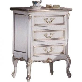Comodino in legno shabby bianco e argento con 3 cassetti, design classico, dimensioni 56x43x76