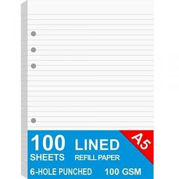 A5 Lined Refills for Filofax Binders, 200 Pages, 6 Hole Punched, 100gsm, White
